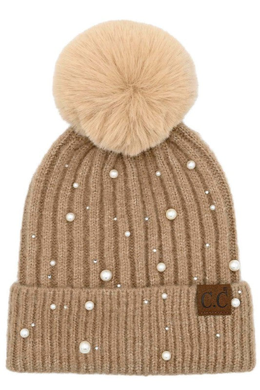 C.C. Pearl Embellished Pom Beanie