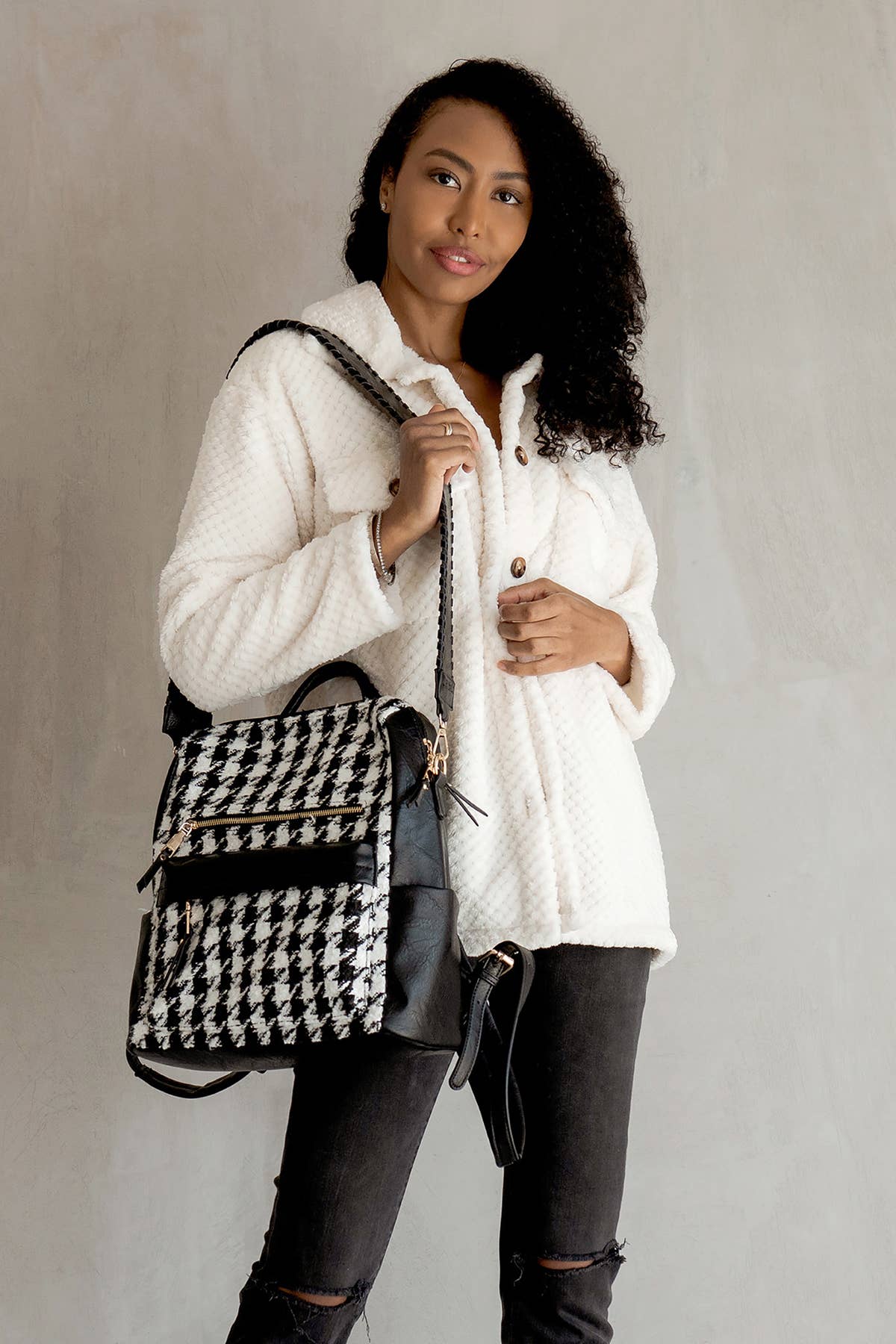 Amelia (Tan) Houndstooth Backpack w/ Strap