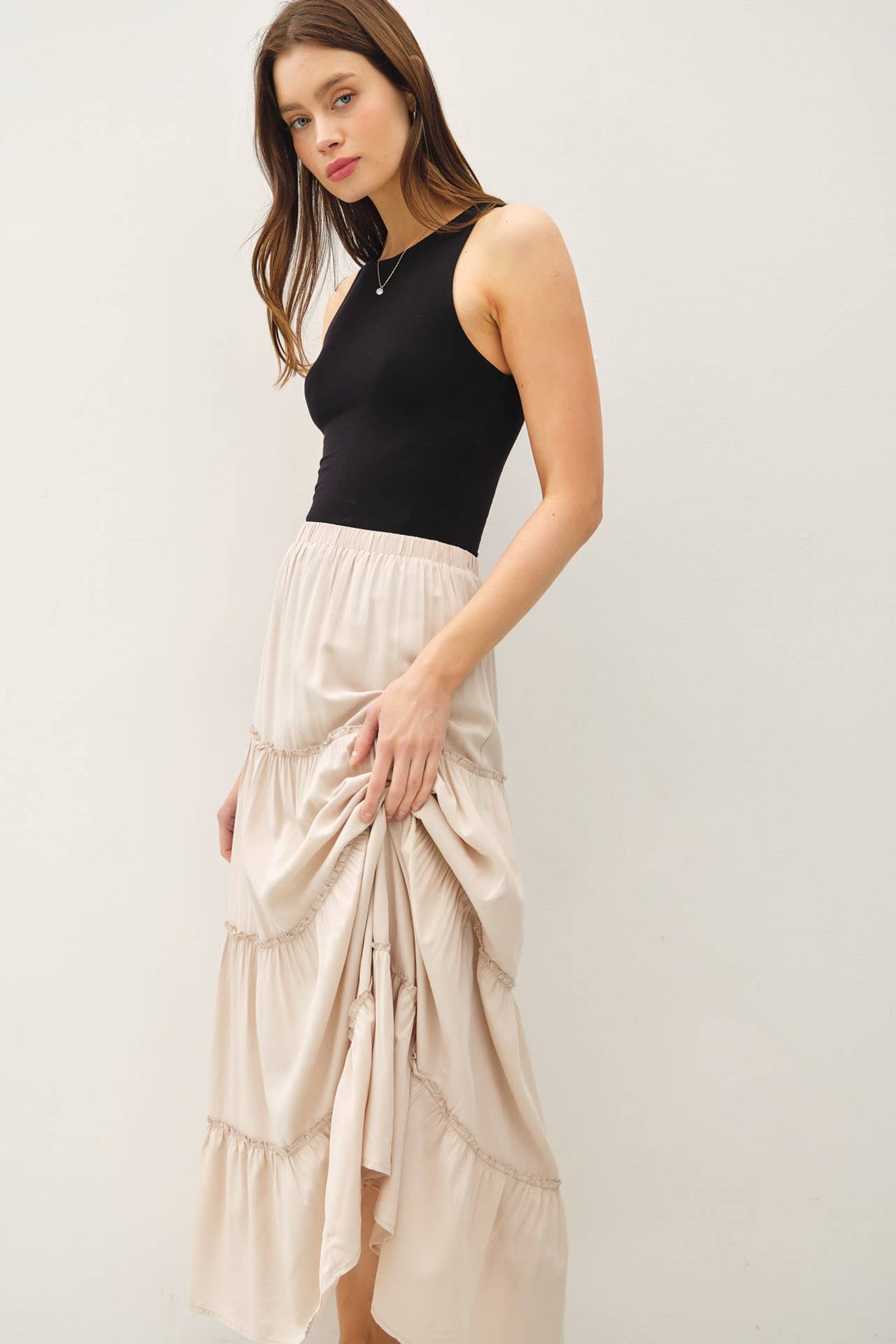 Top Tier (Stone) Ruffle Layer Maxi Skirt