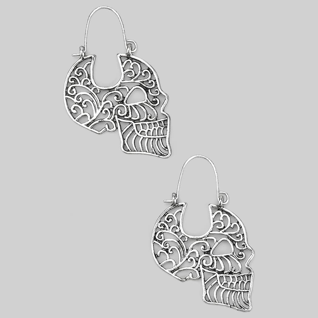 Filigree Skull Earrings, Silver