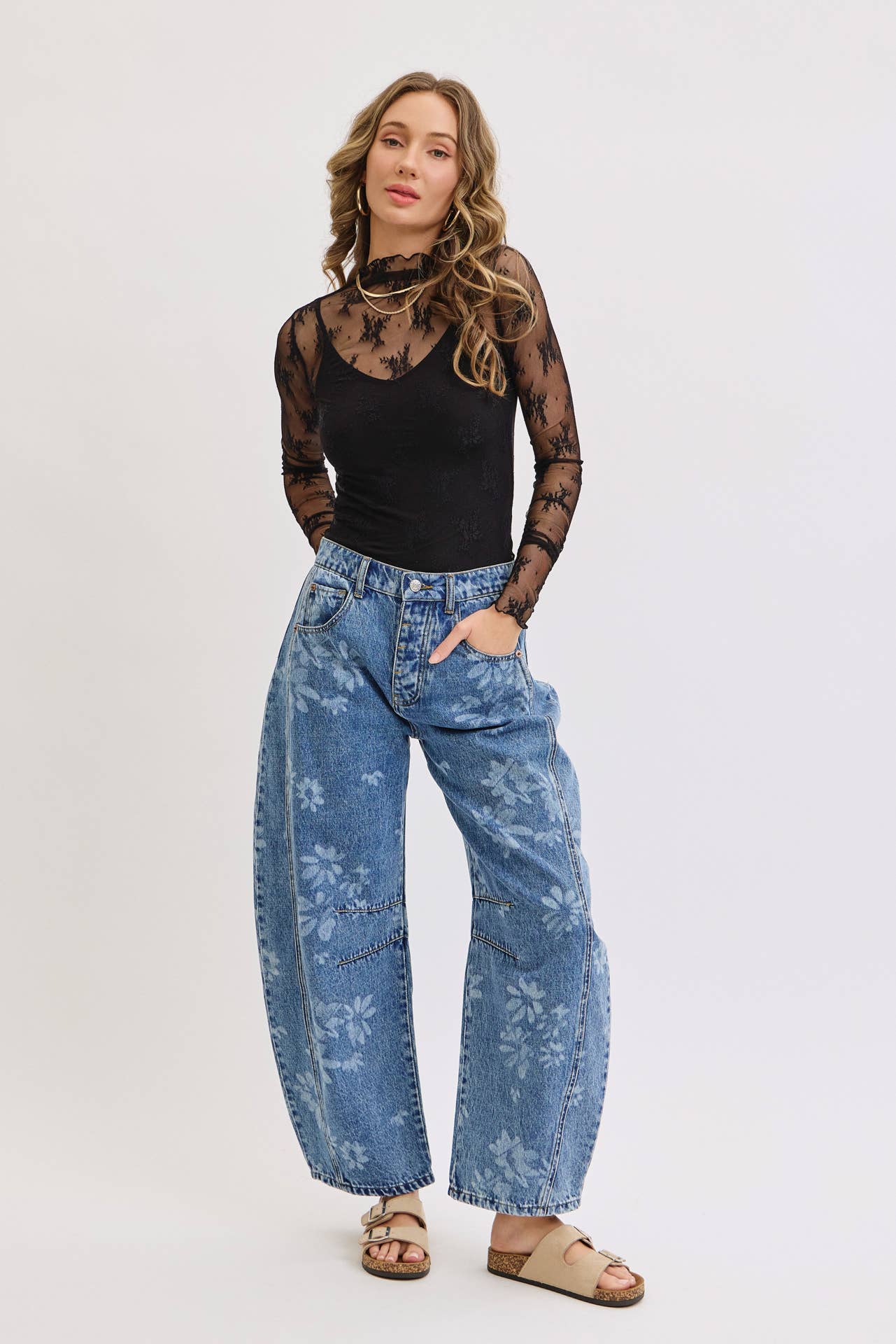 True Icon Floral Denim Barrel Jeans