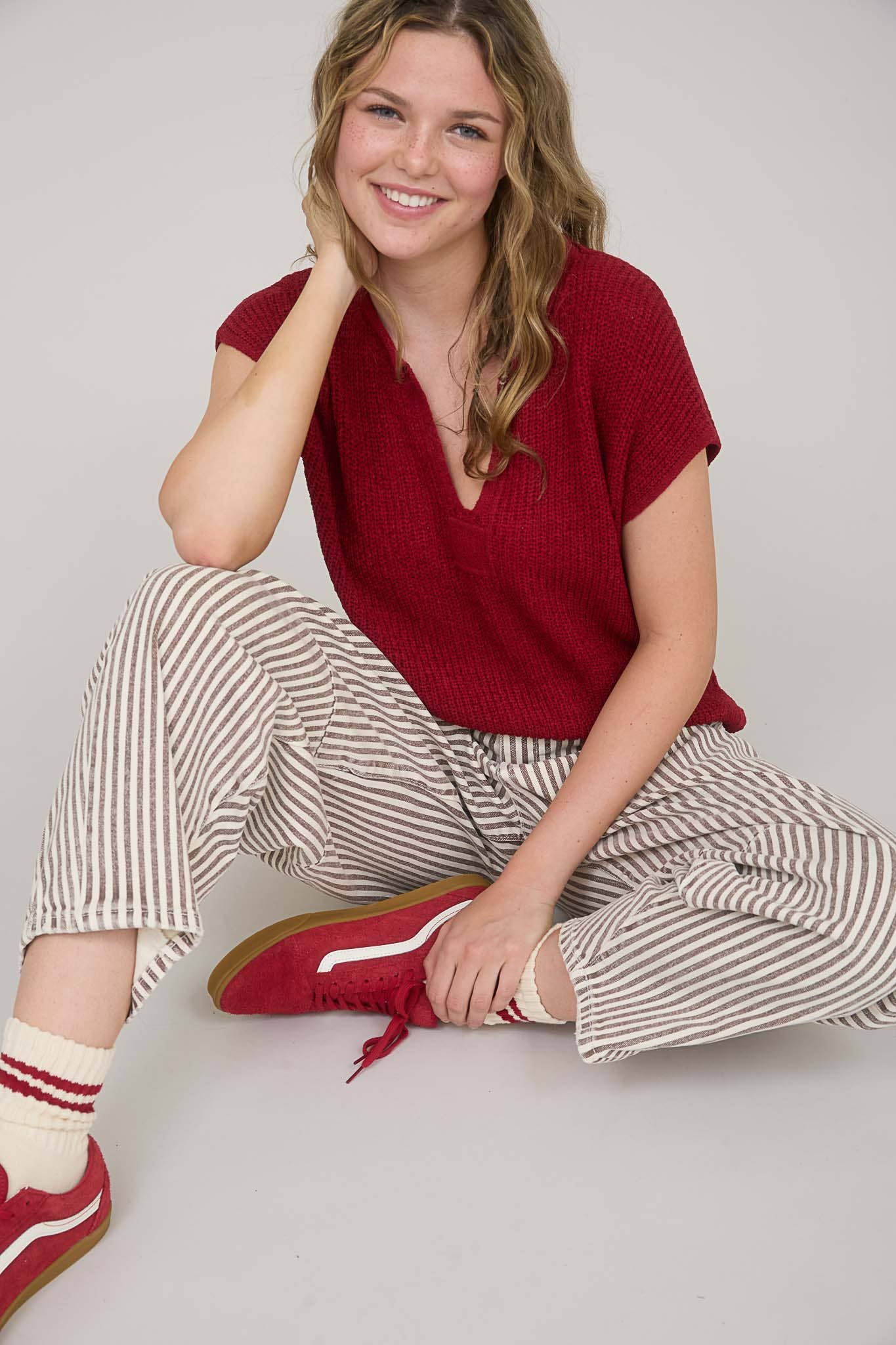 Day Trip (Crimson) SS Split Neck Sweater