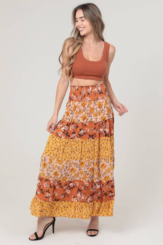 Pumpkin Spice Floral Tiered Maxi Skirt