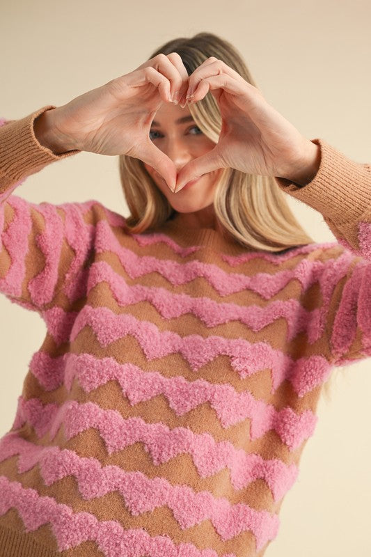 Love Locked Fuzzy Heart Stripe Sweater