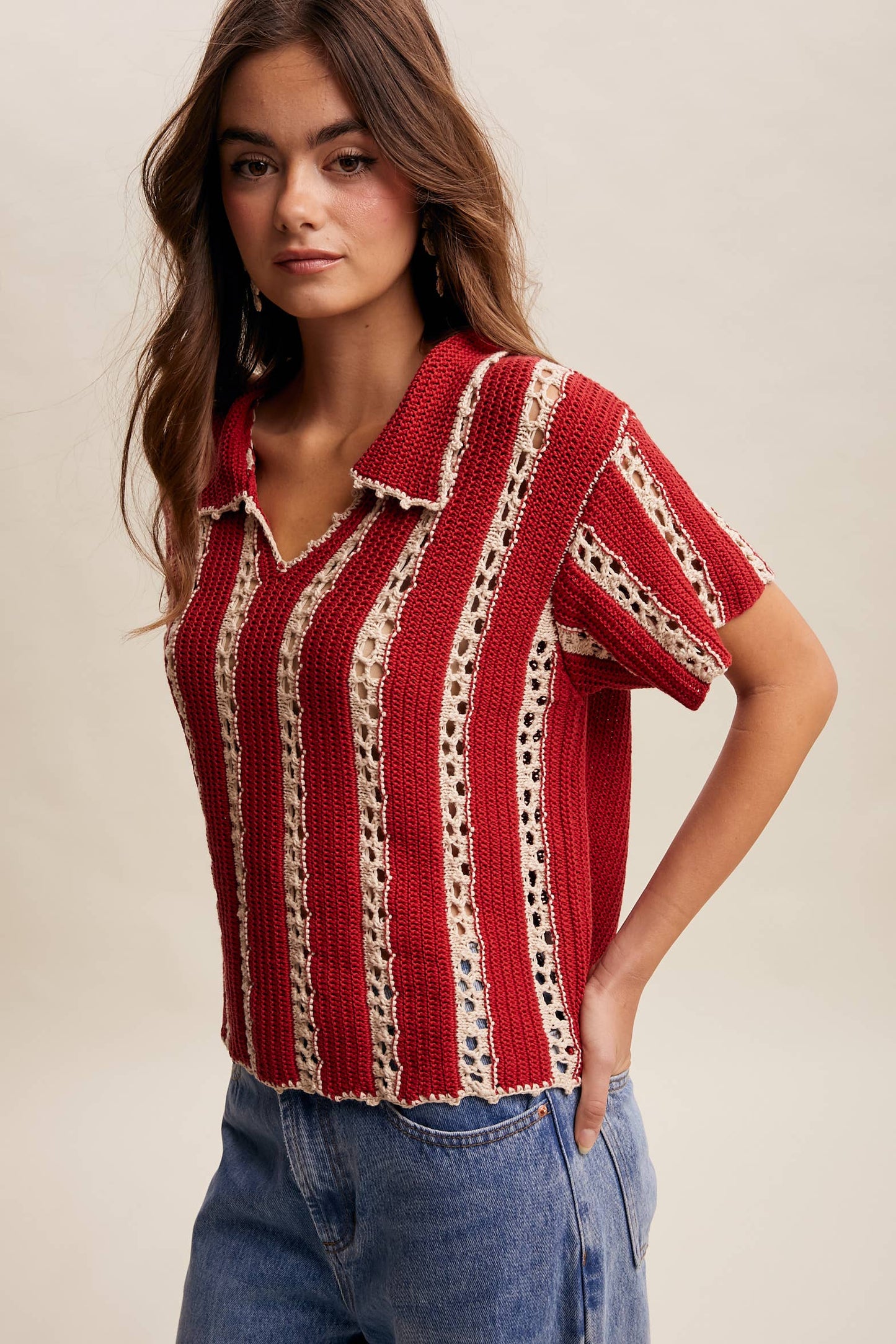 East Meets West (Red) Crochet Stripe Top