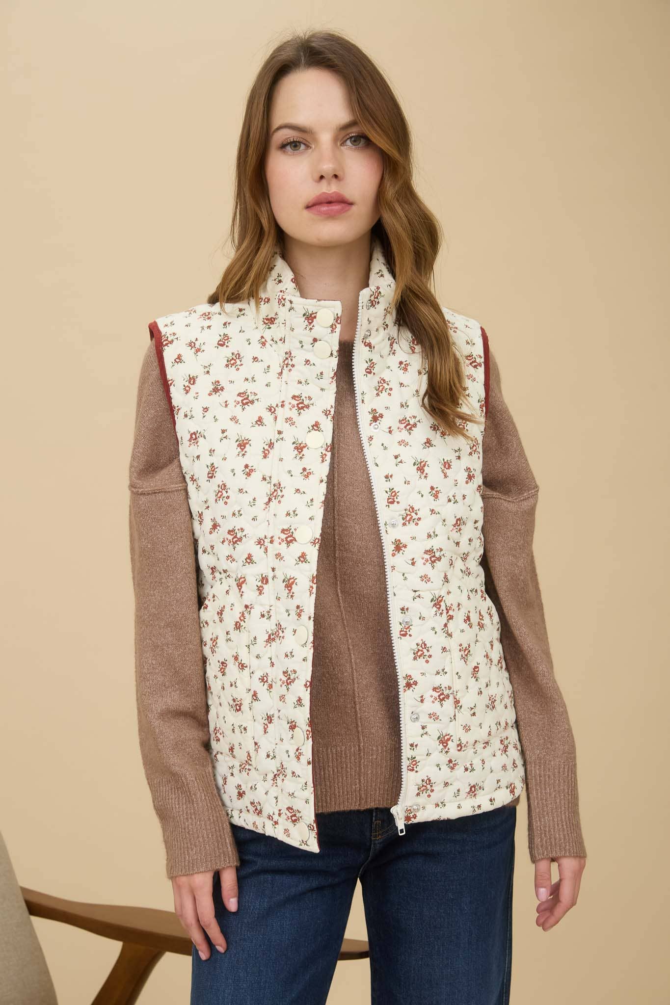 Fall For You (Cream) Floral Quilted Vest