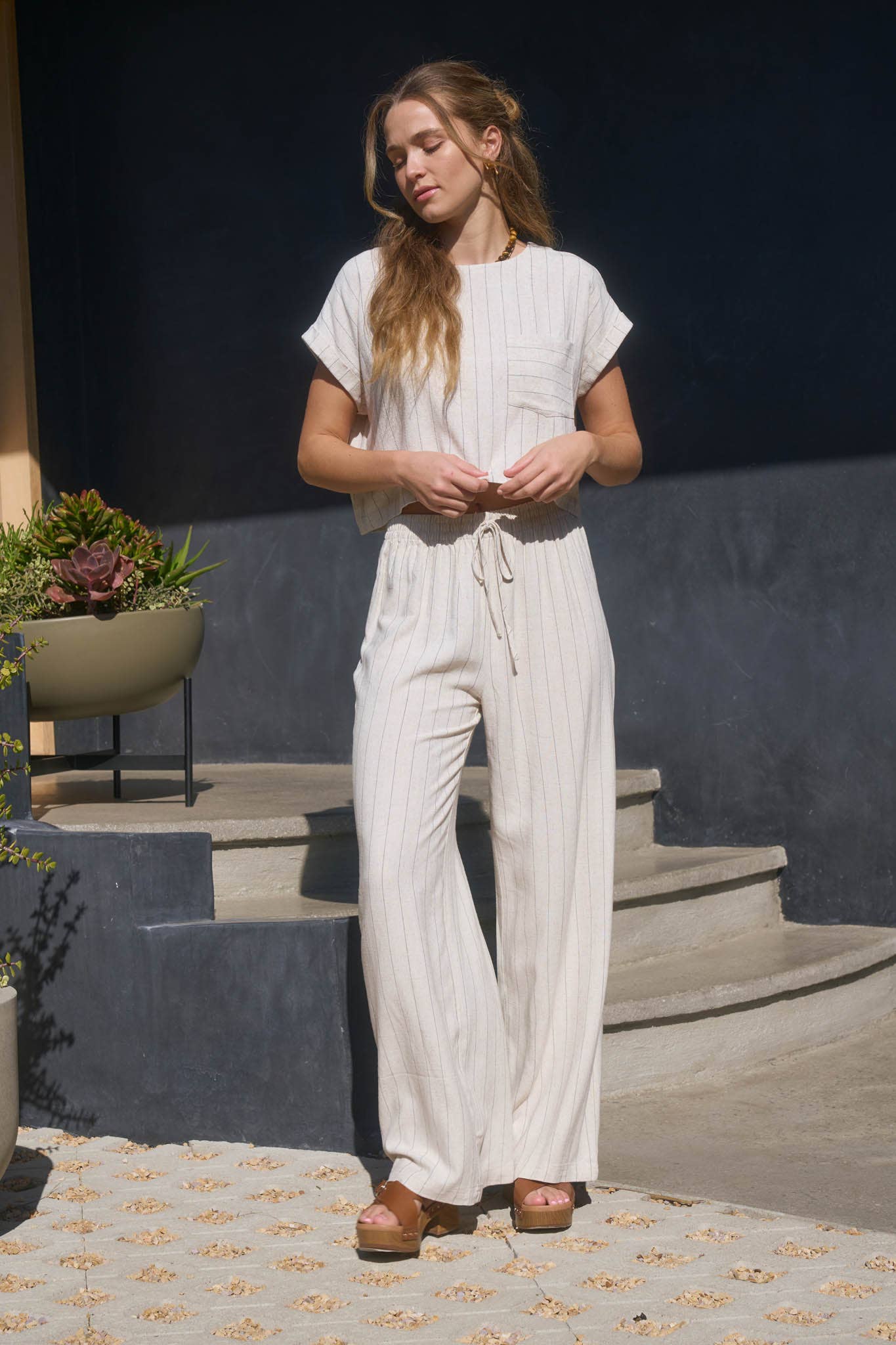 Open Horizon Pinstripe Button Back Top