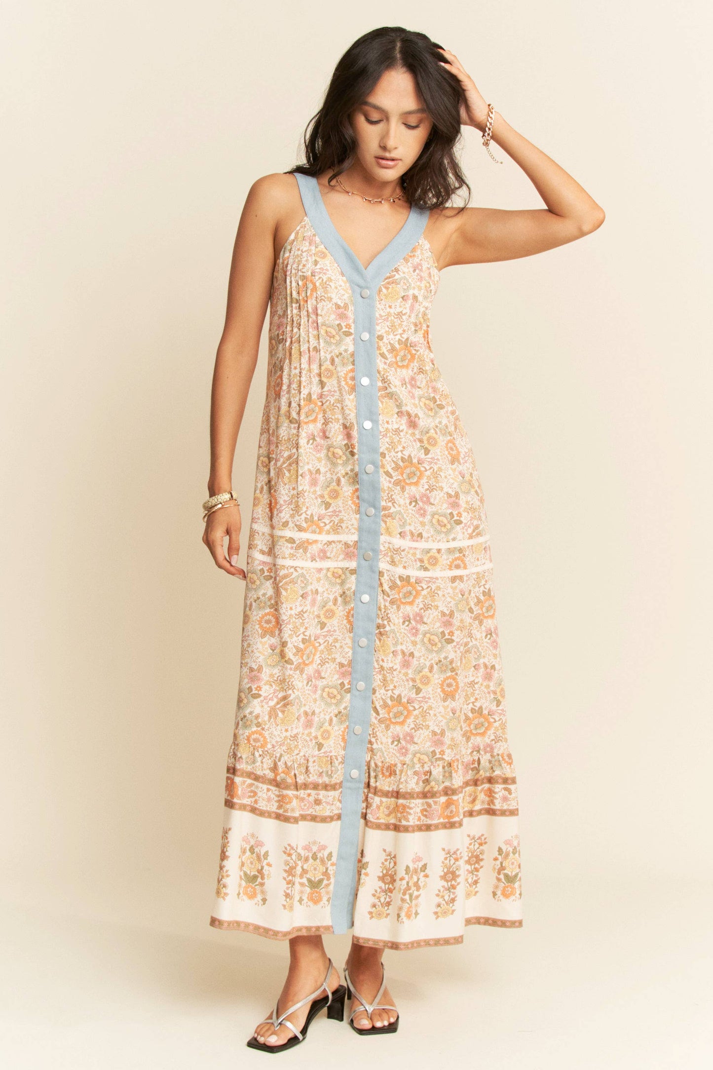 High Noon Floral Denim Trim Dress