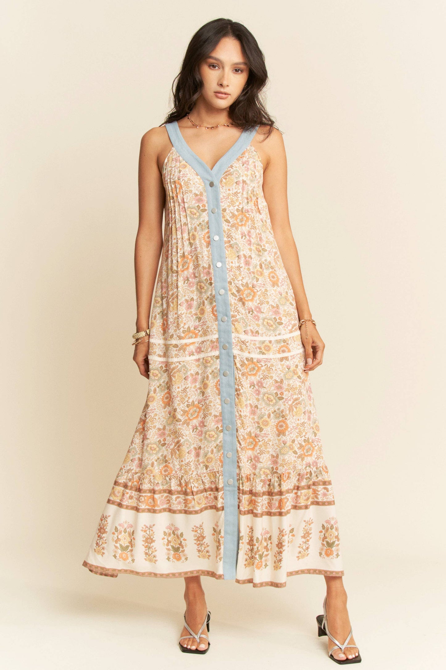 High Noon Floral Denim Trim Dress