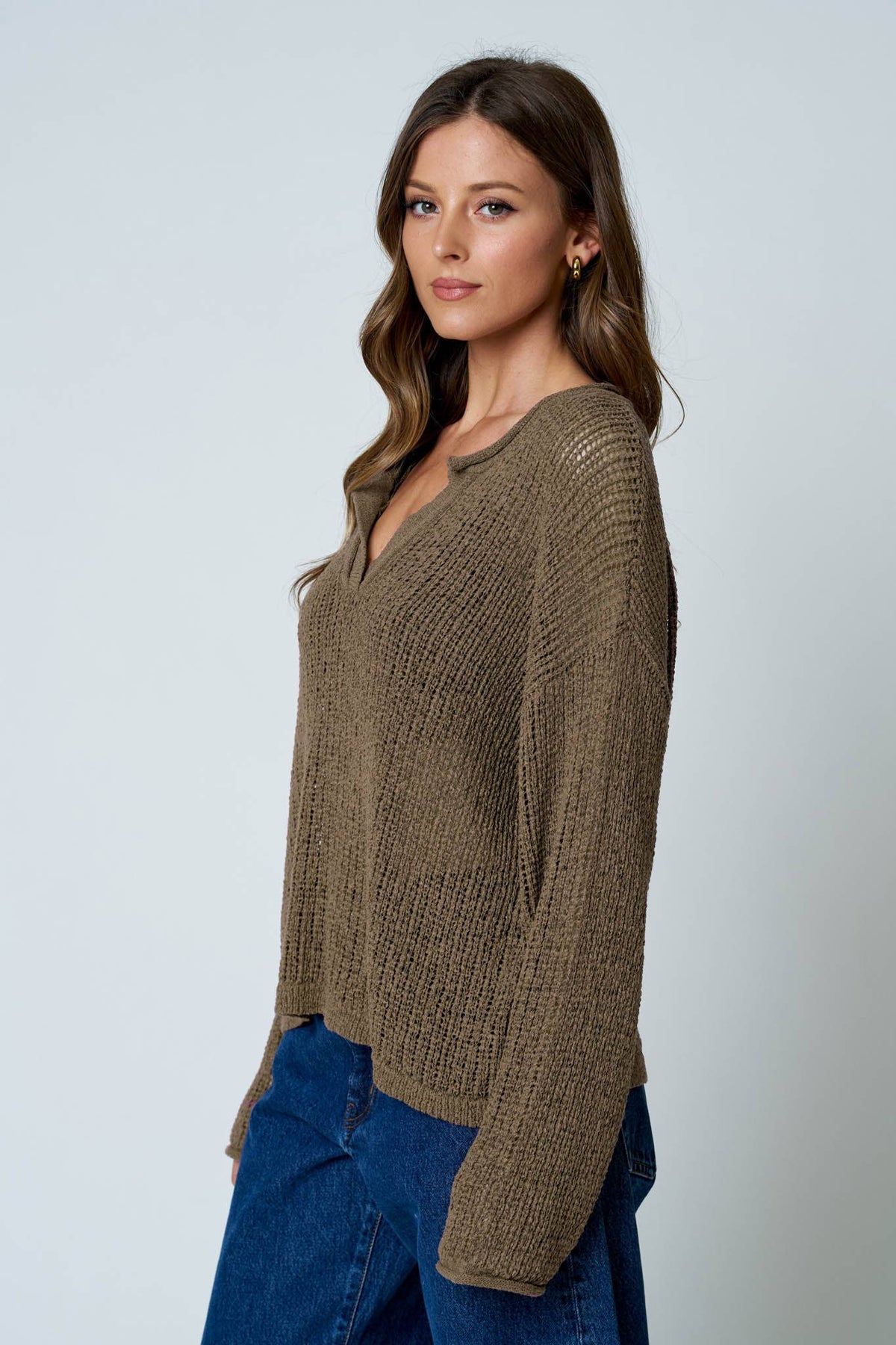 Knit To Be (Brown) Split Neck Sweater