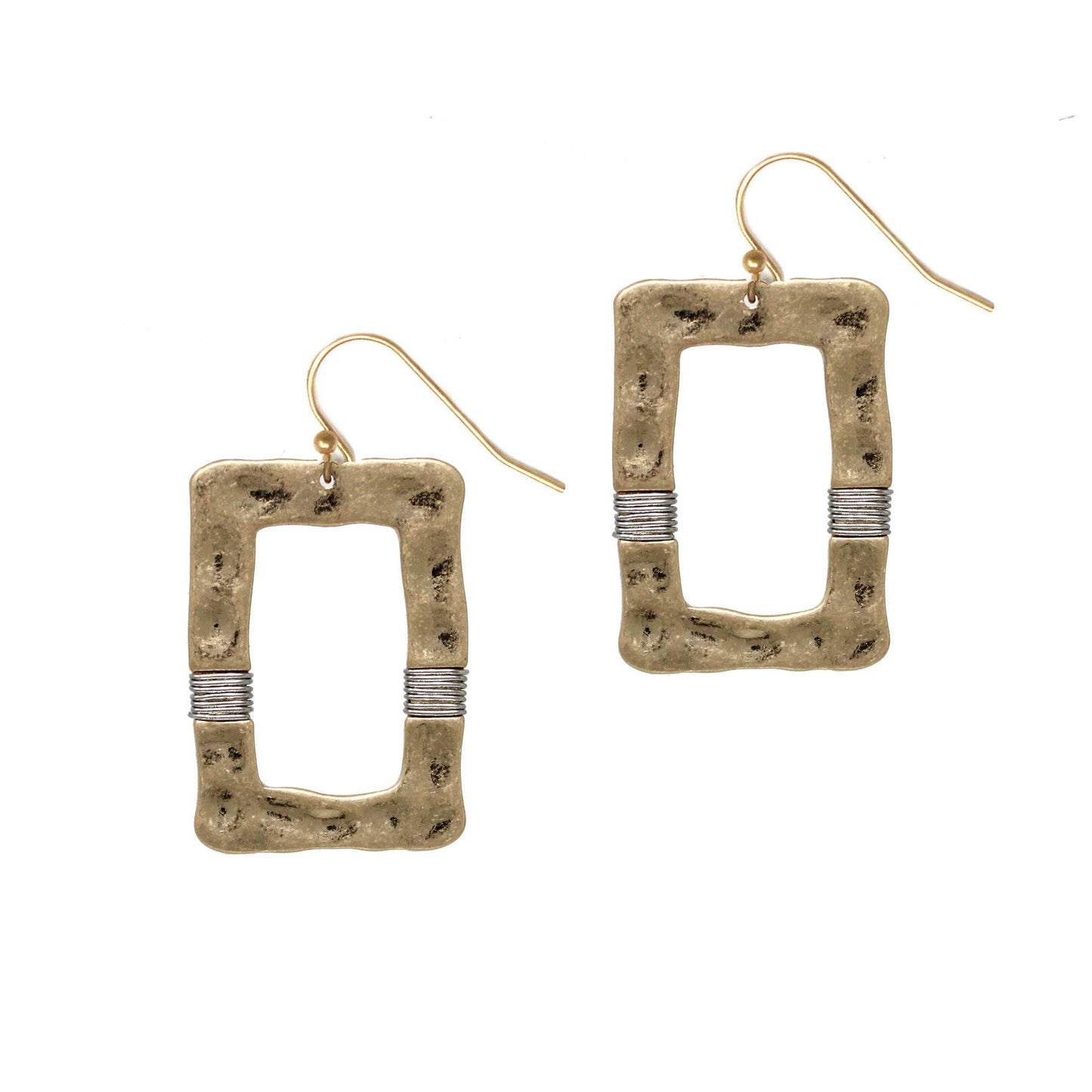 Gold Hammered Rectangle & Silver Wire Earring
