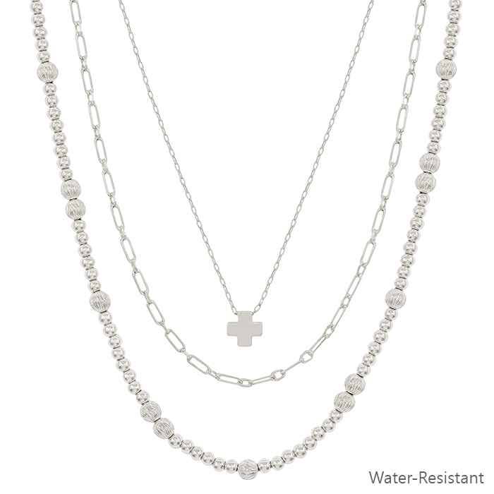 Water Resistant Silver Bead Triple Layer Cross Necklace