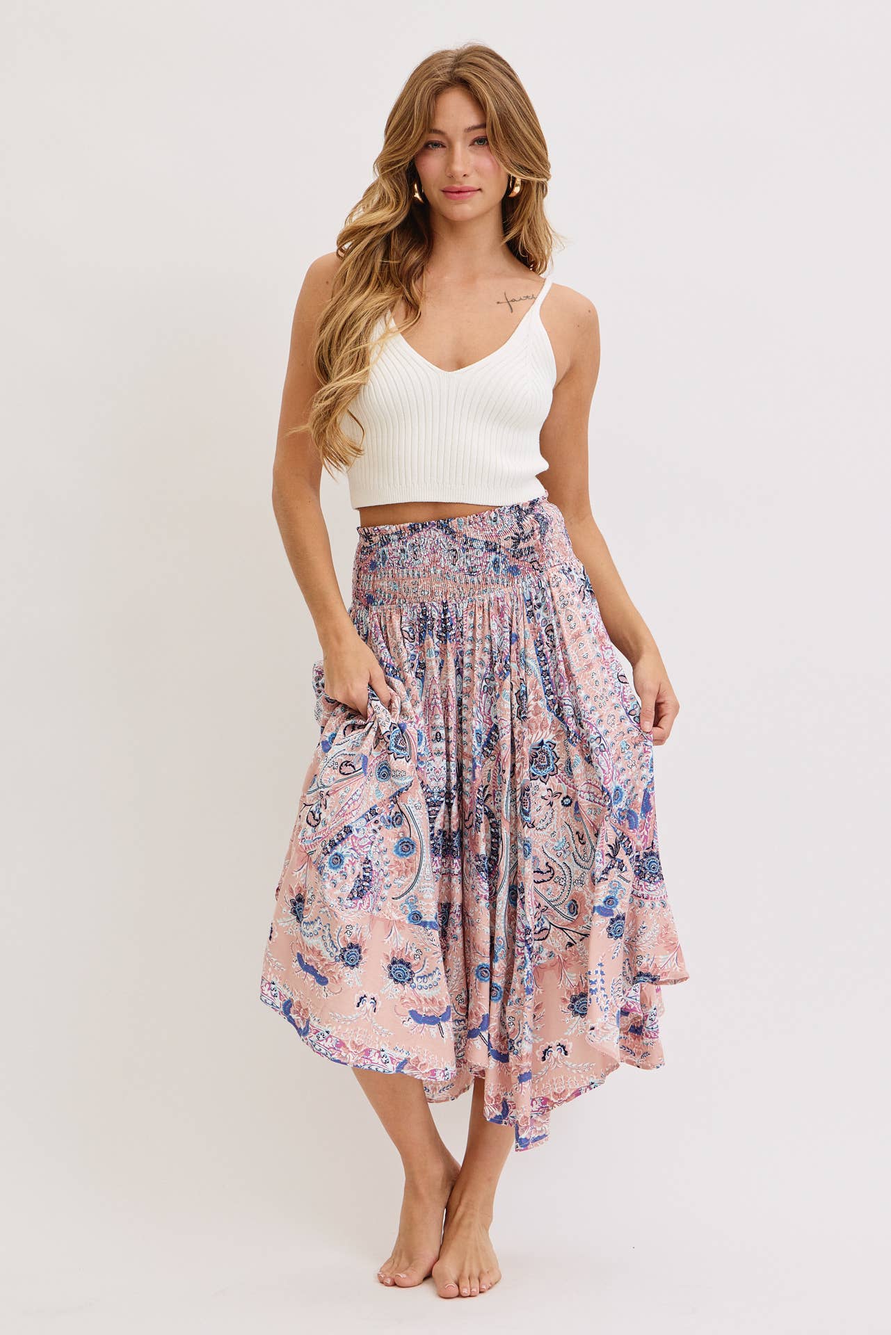 Playful Paisley Boho Print Midi Skirt