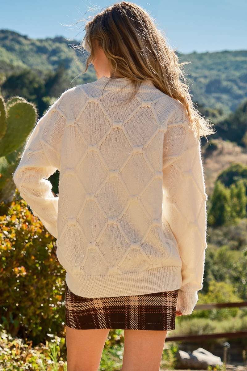 Tell All (Cream) Textured Bow Knit Sweater