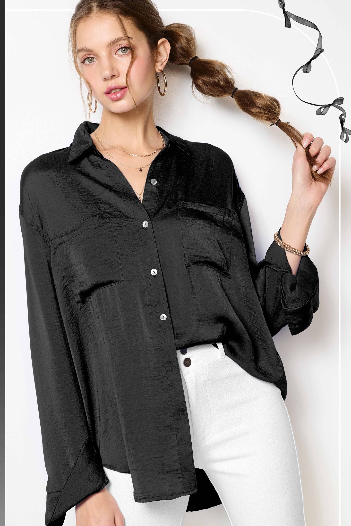 Satin Secret (Black) Button Down Shirt