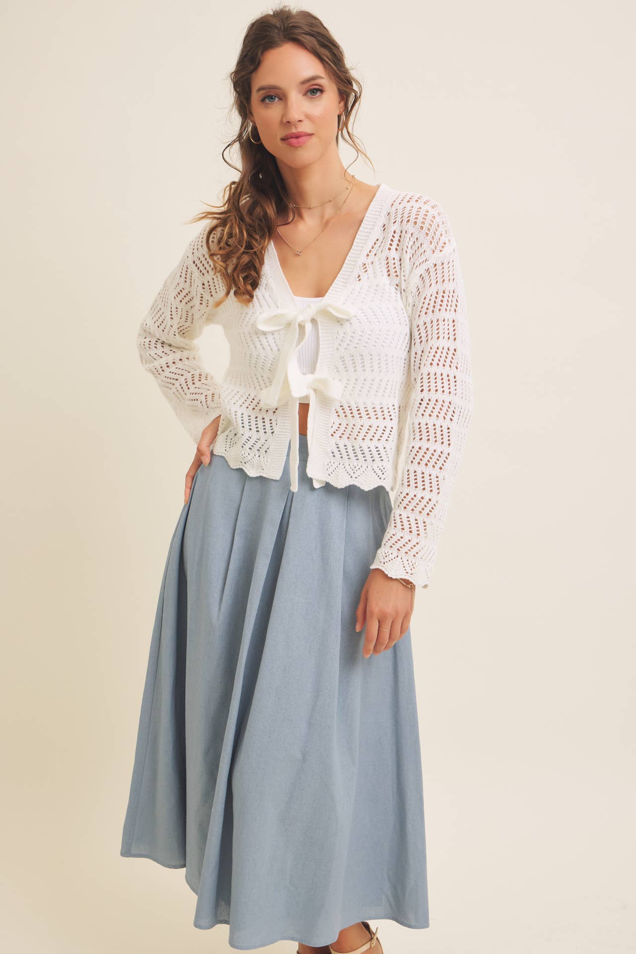 Time Flies (White) Crochet Bow Tie Cardigan