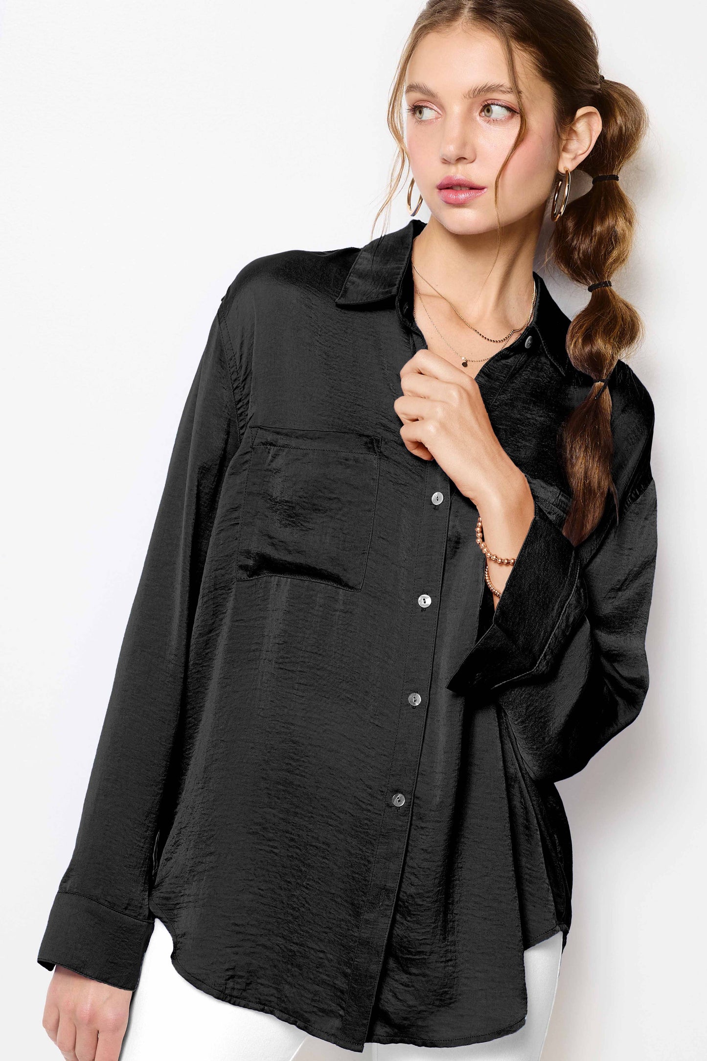 Satin Secret (Black) Button Down Shirt
