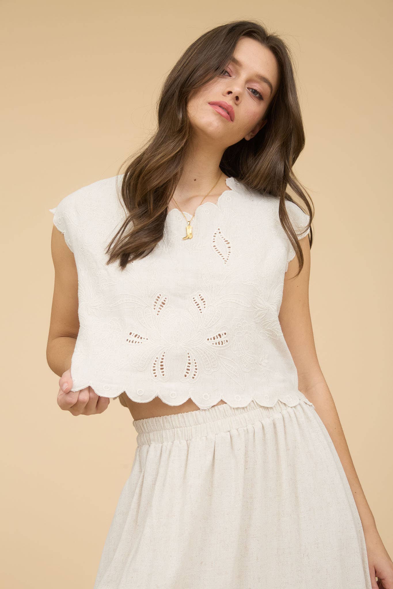 Enchanted Flow Scallop Eyelet Detail Top
