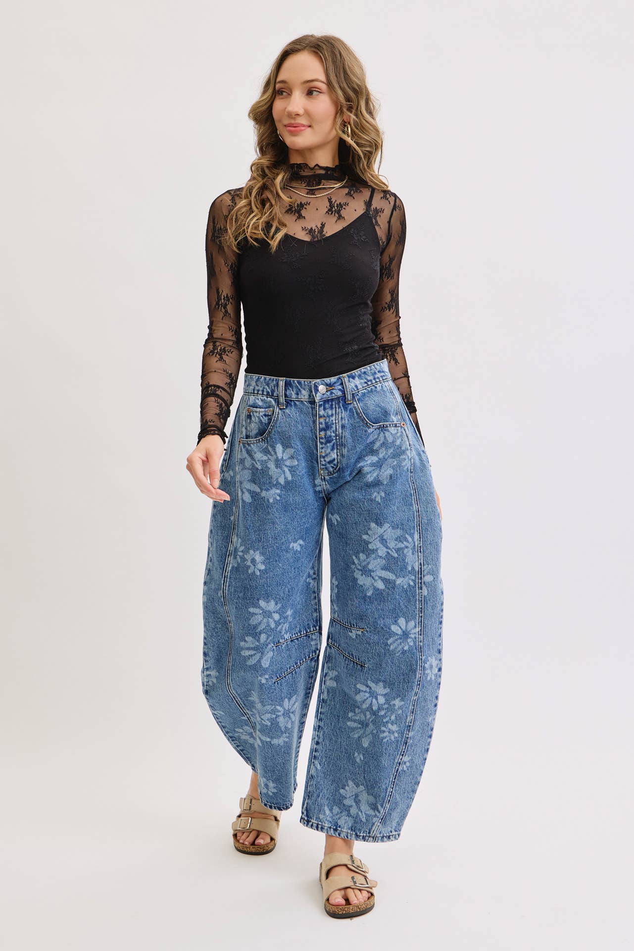 True Icon Floral Denim Barrel Jeans
