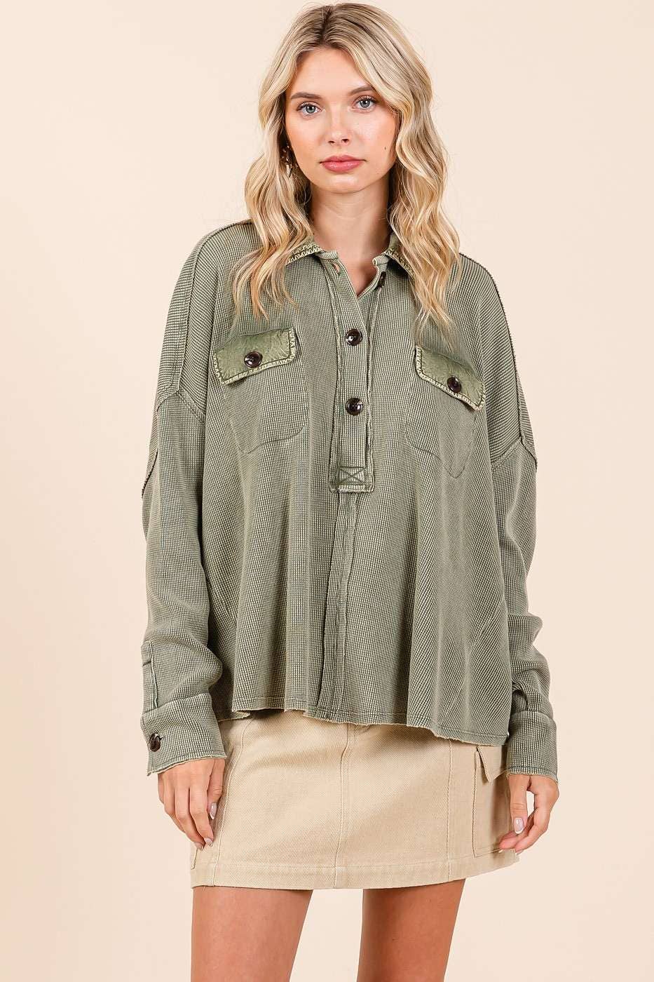 There She Goes (Olive) Waffle Henley Top