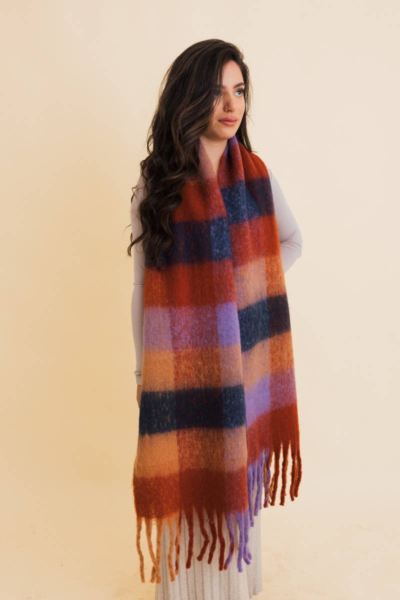 Cup Of Cozy (Red) Long Fringe Plaid Scarf
