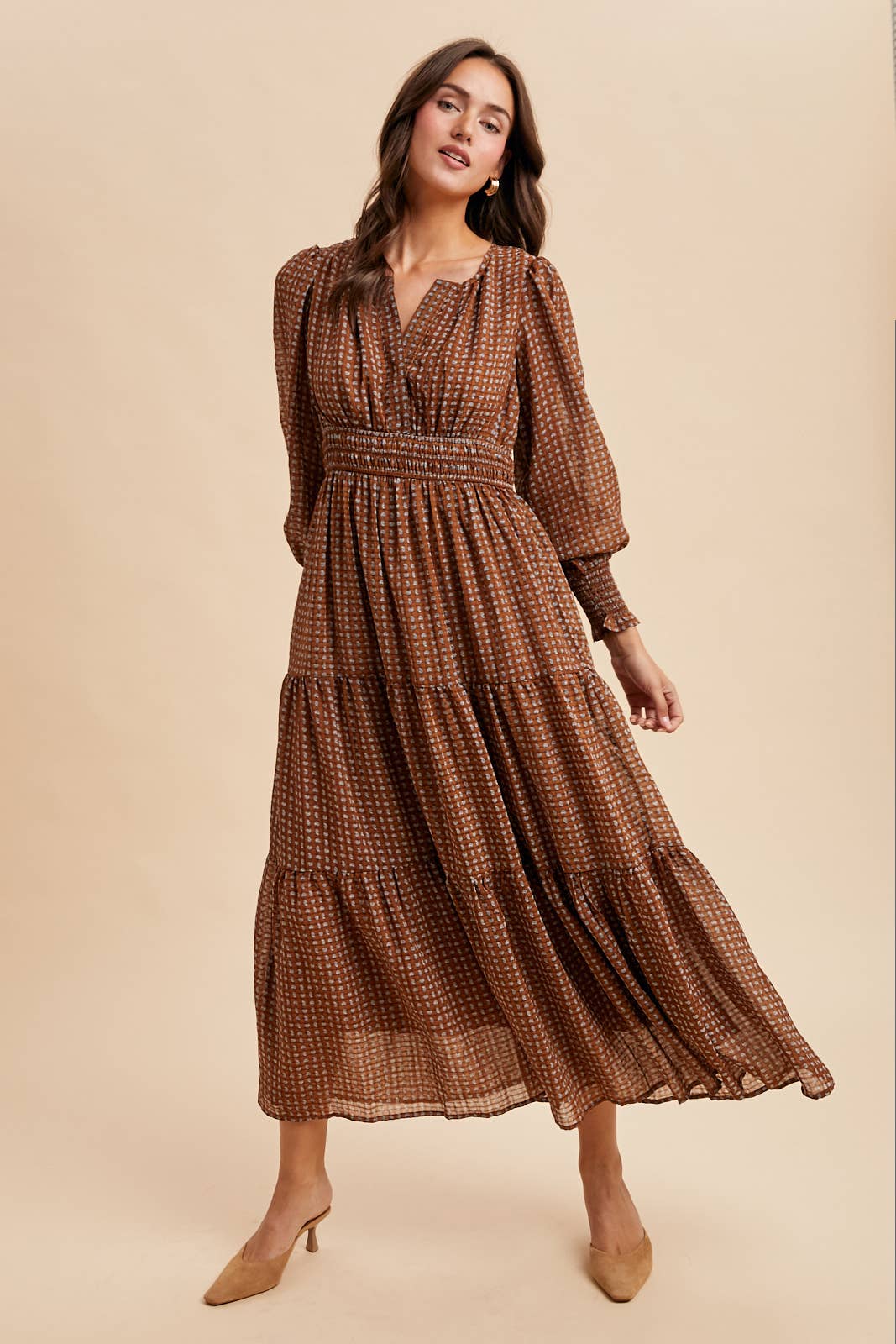 Caramel Latte Notched Collar Maxi Dress