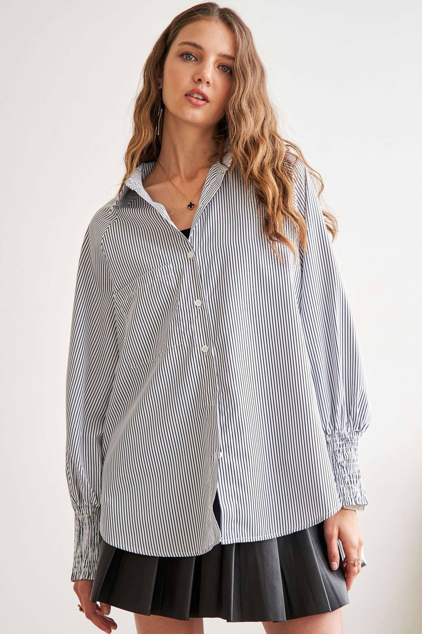 New Way (Grey) Smock Cuff Stripe Shirt