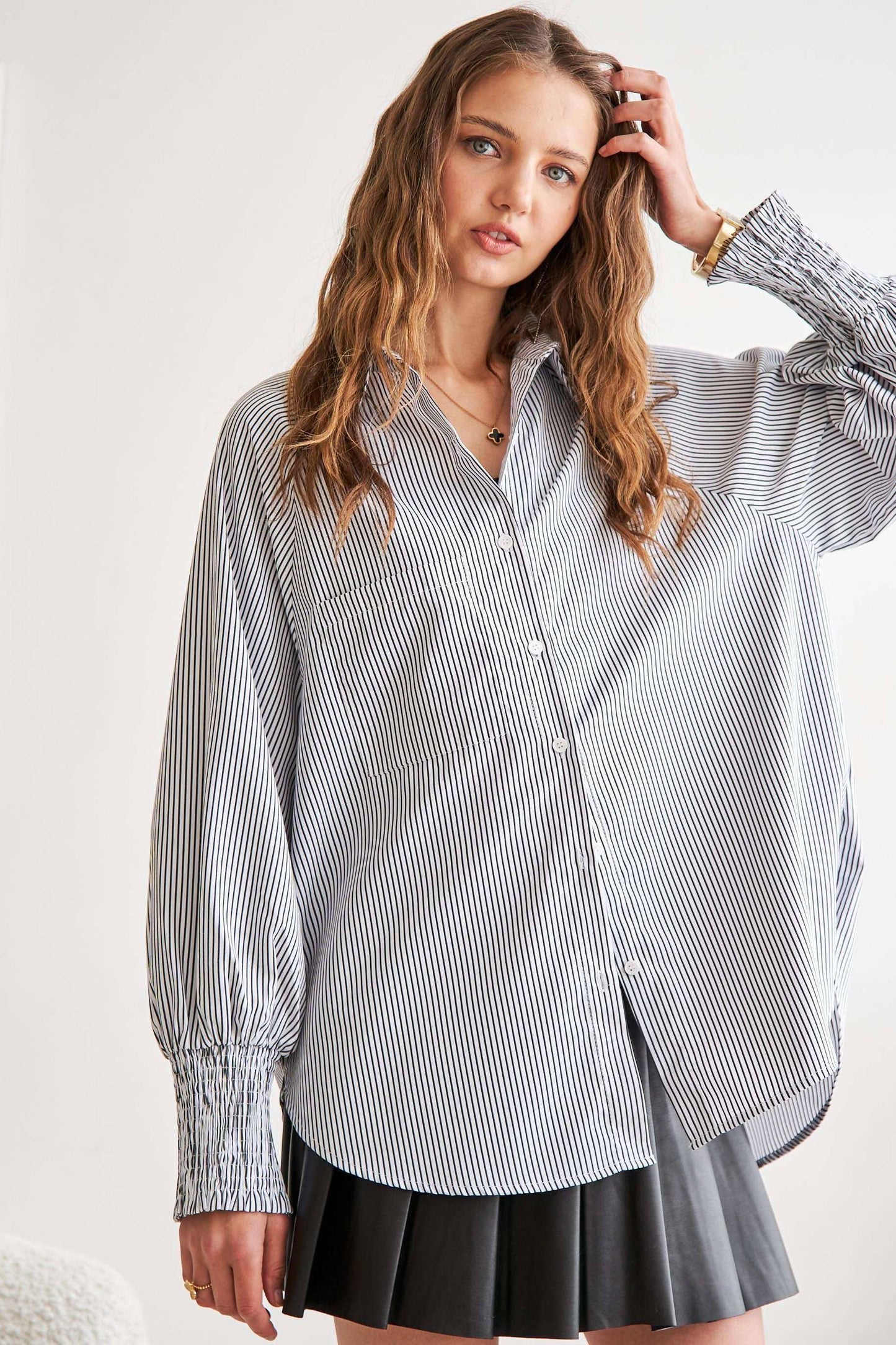 New Way (Grey) Smock Cuff Stripe Shirt