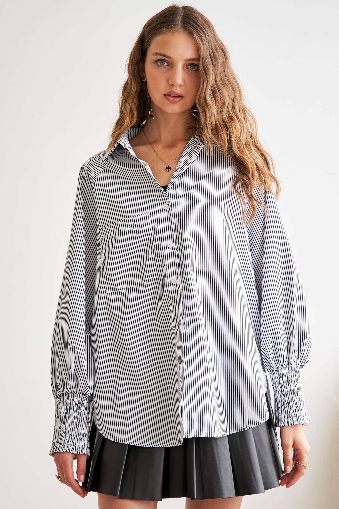 New Way (Grey) Smock Cuff Stripe Shirt