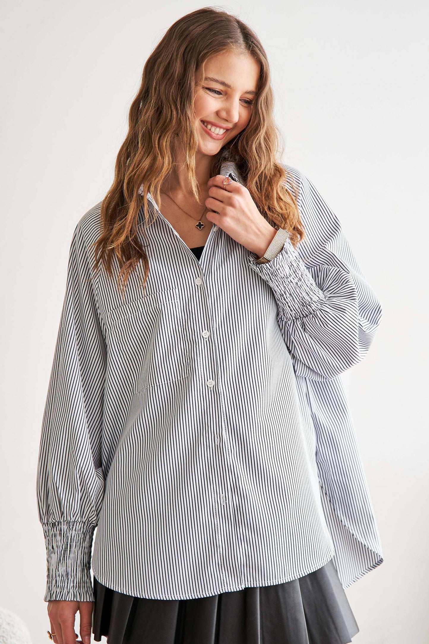 New Way (Grey) Smock Cuff Stripe Shirt