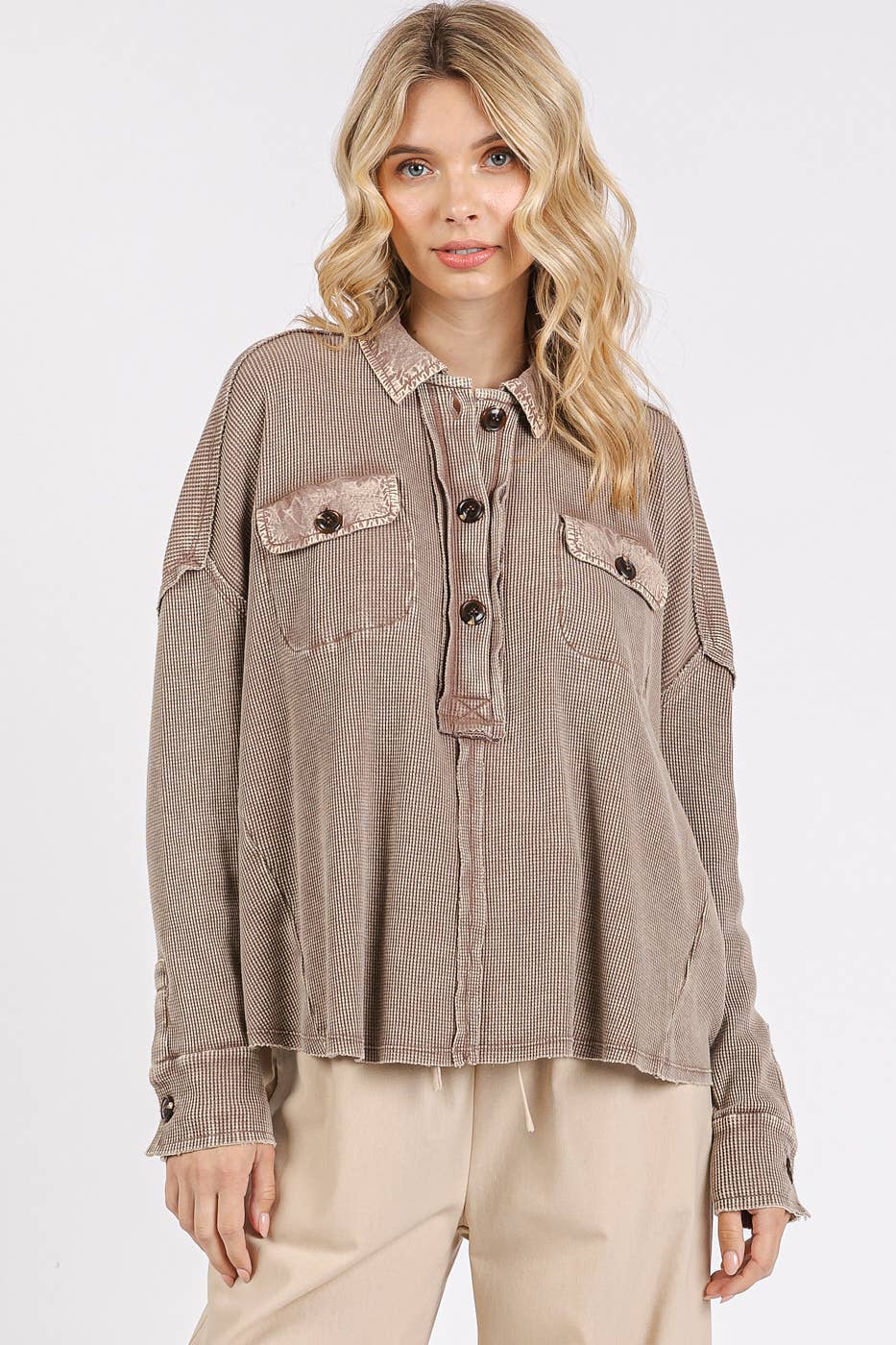 There She Goes (Taupe) Waffle Henley Top