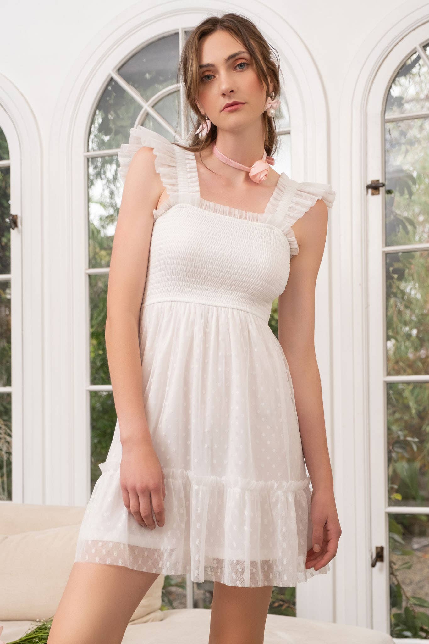 chiffon ruffle strap dress in white White Floral Chiffon Ruffle Gown With 3D Flower Straps