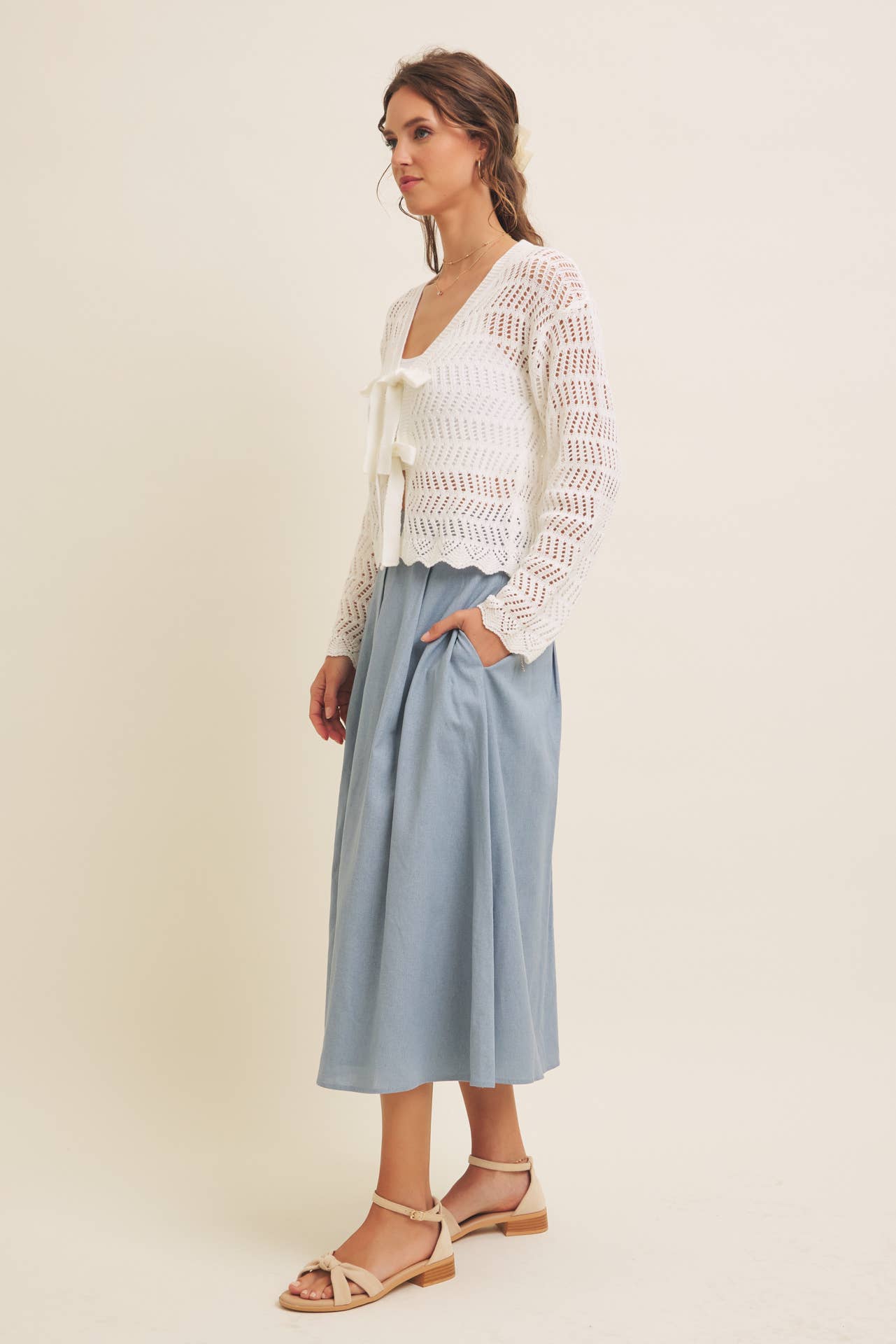 Time Flies (White) Crochet Bow Tie Cardigan