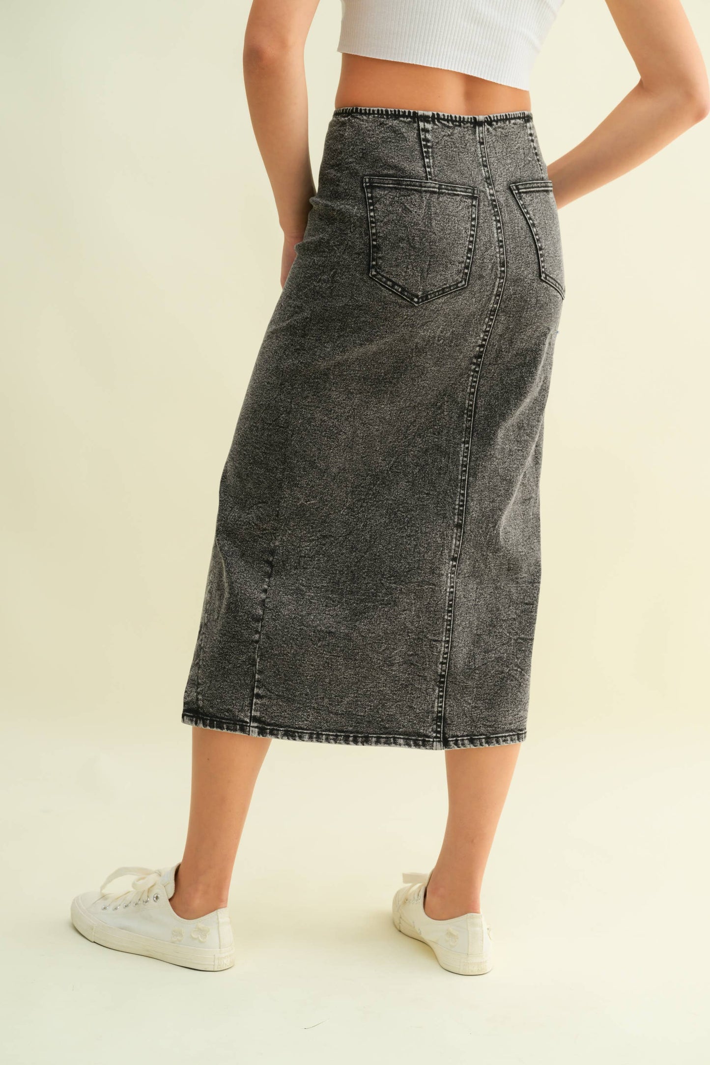 Going Offline (Black) Denim Midi Skirt