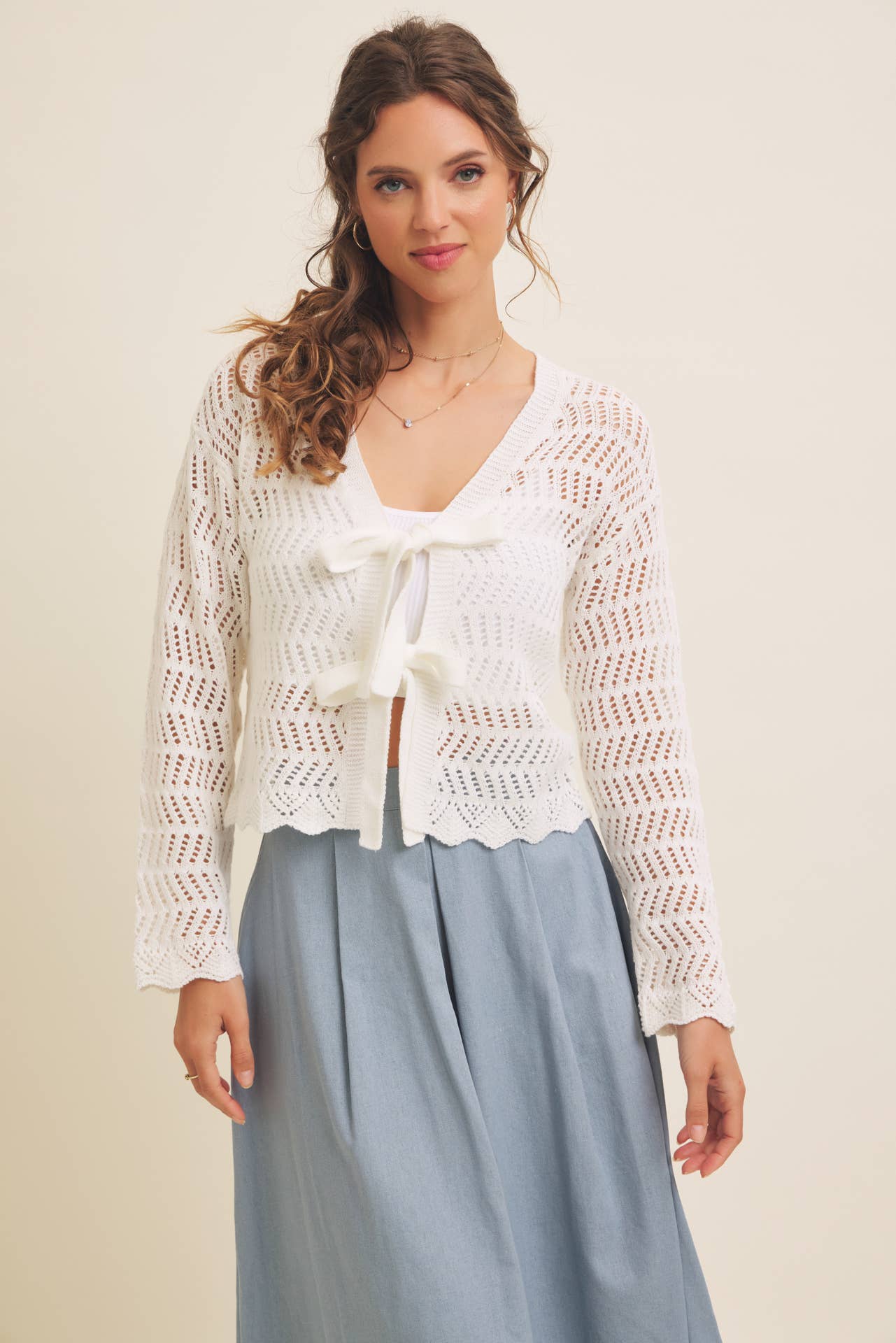 Time Flies (White) Crochet Bow Tie Cardigan