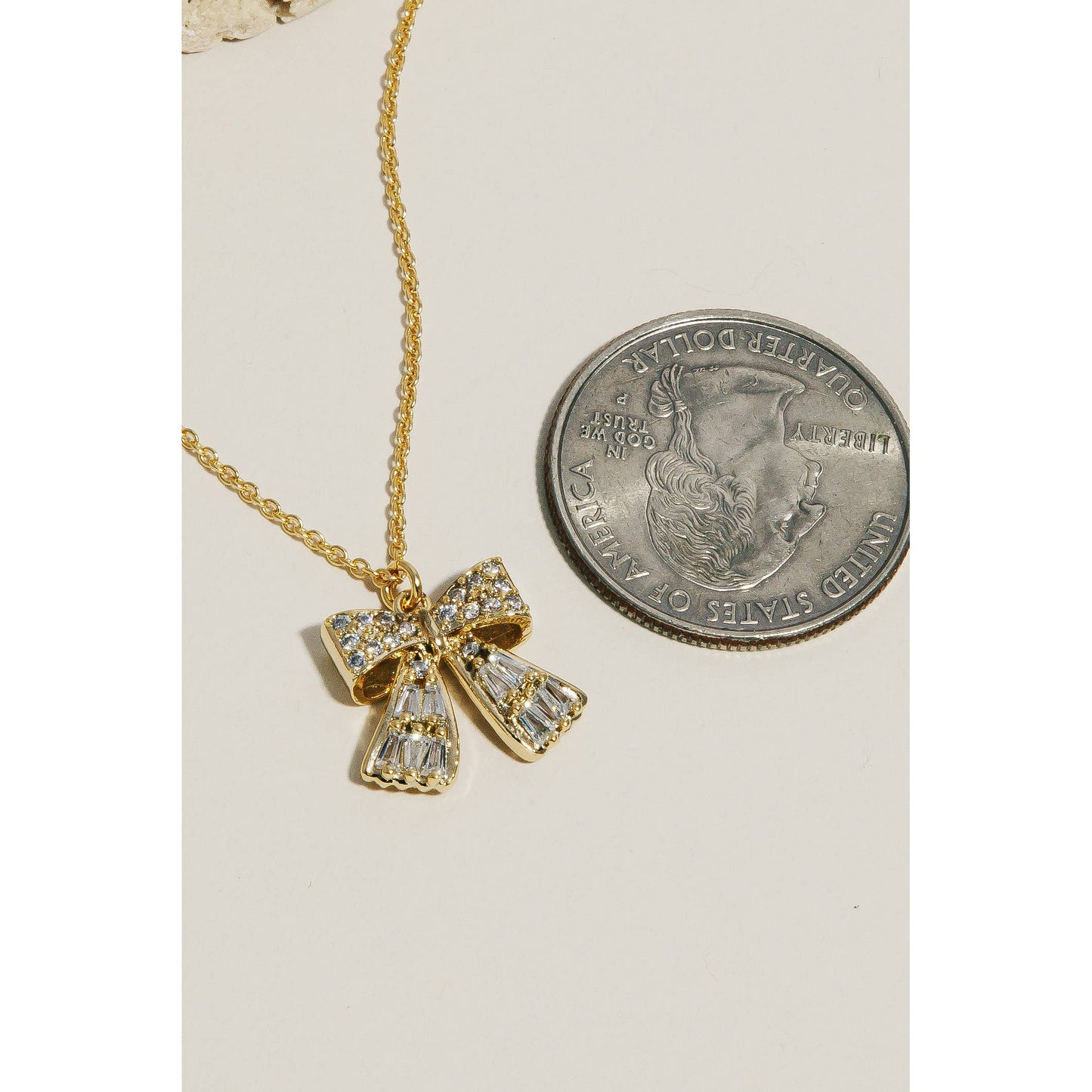 Rhinestone Ribbon Bow Pendant Necklace, Gold