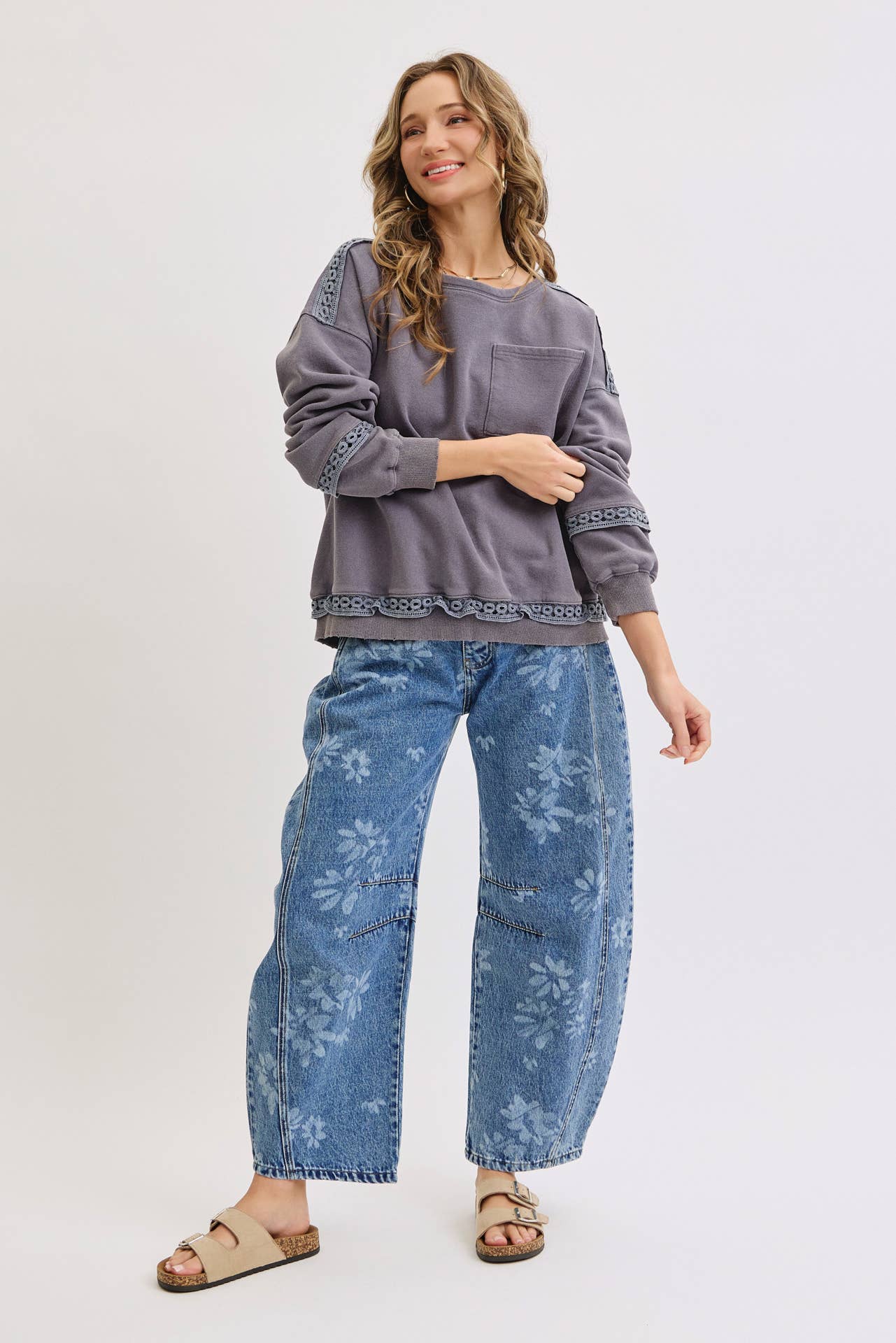 True Icon Floral Denim Barrel Jeans