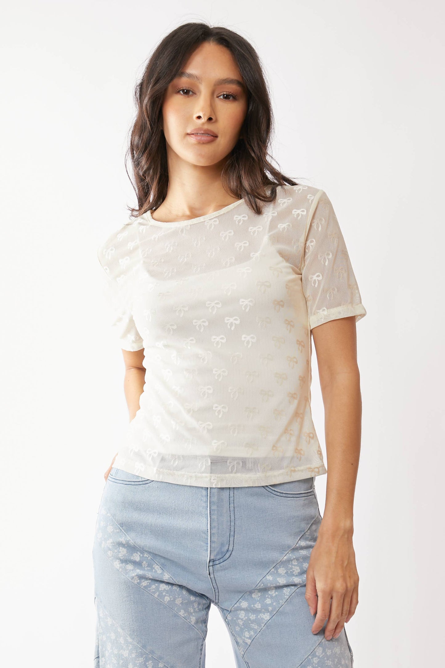 Day Dreaming (Ivory) SS Bow Mesh Top