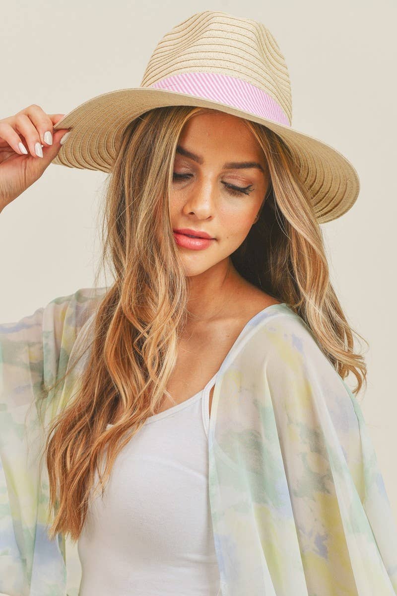 Beige/Pink Striped Ribbon Flip Back Bow Straw Hat