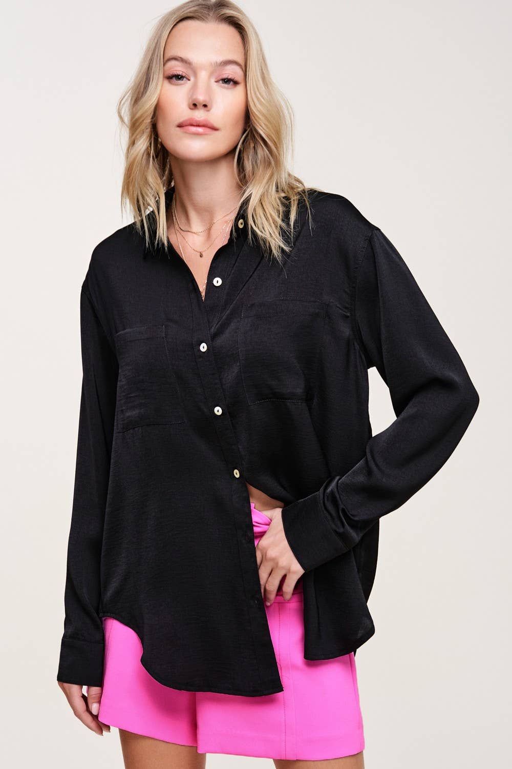 Satin Secret (Black) Button Down Shirt