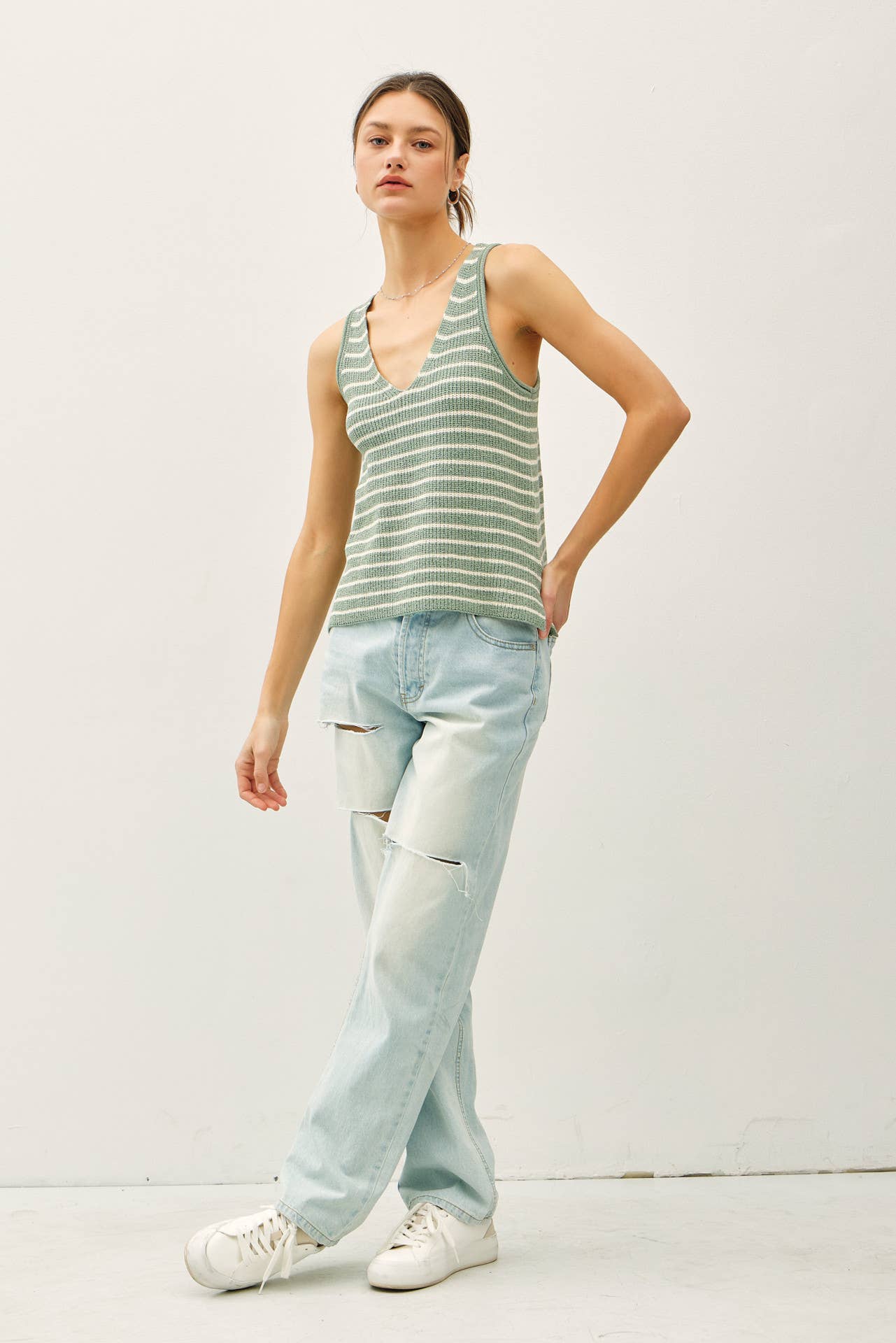 Keep In Line (Sage) Stripe Sweater Tank