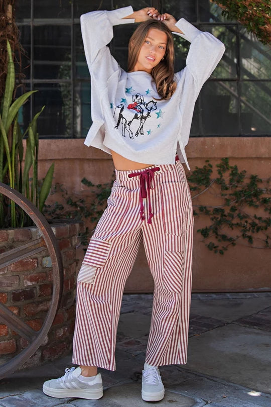 Winning It (Crimson) Striped Barrel Pants
