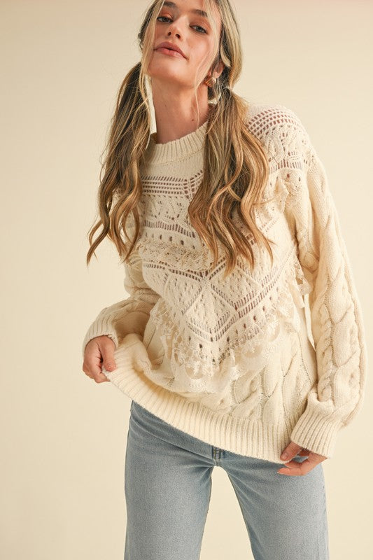 Little Darling (Crm) Lace Pointelle Sweater