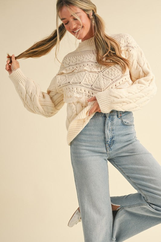 Little Darling (Crm) Lace Pointelle Sweater