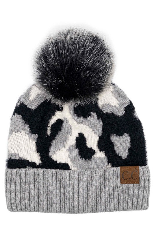 C.C. Abstract Camo Print Pom Beanie