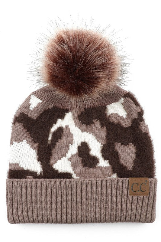 C.C. Abstract Camo Print Pom Beanie