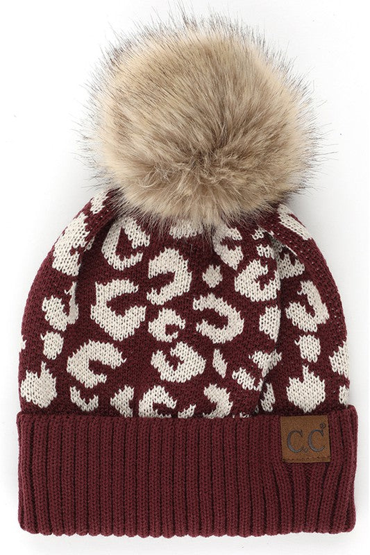 C.C. Leopard Pattern Pom Beanie