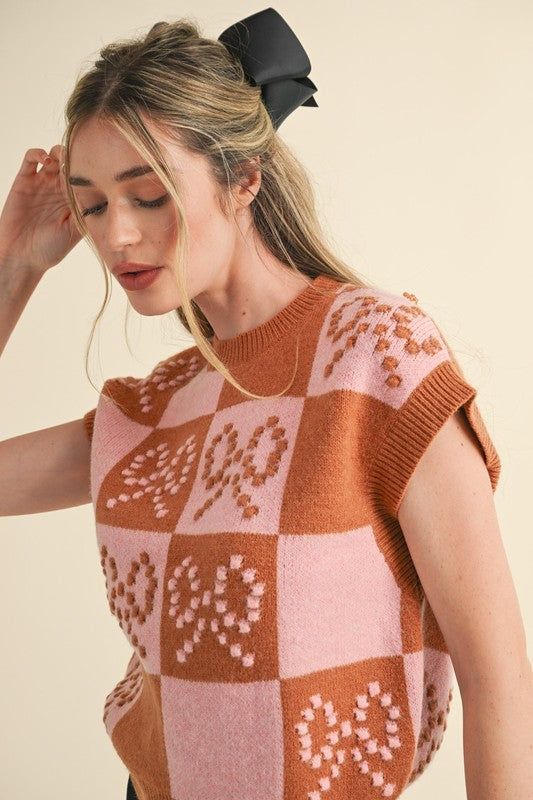 Checks & Bows (Mocha/Pink) Sweater Vest