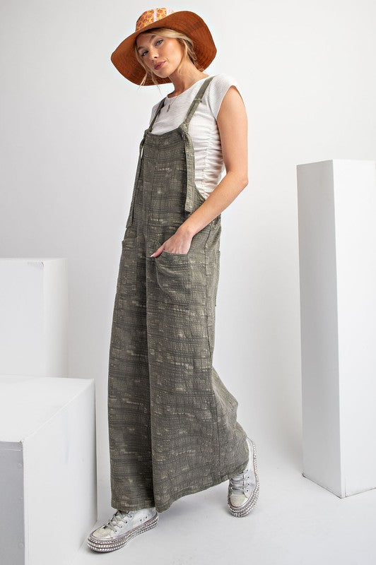 Text Me Later (Olive) Textured Overalls