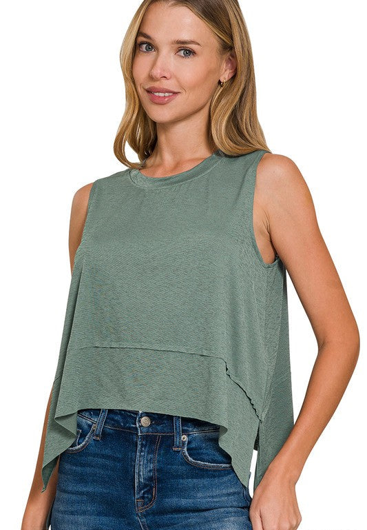Light Layer (Jade) Side Slit Sleeveless Top